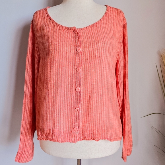 FLAX, Coral Textured Linen Button Front Cardigan Topper Shirt, Size Medium - Picture 1 of 9